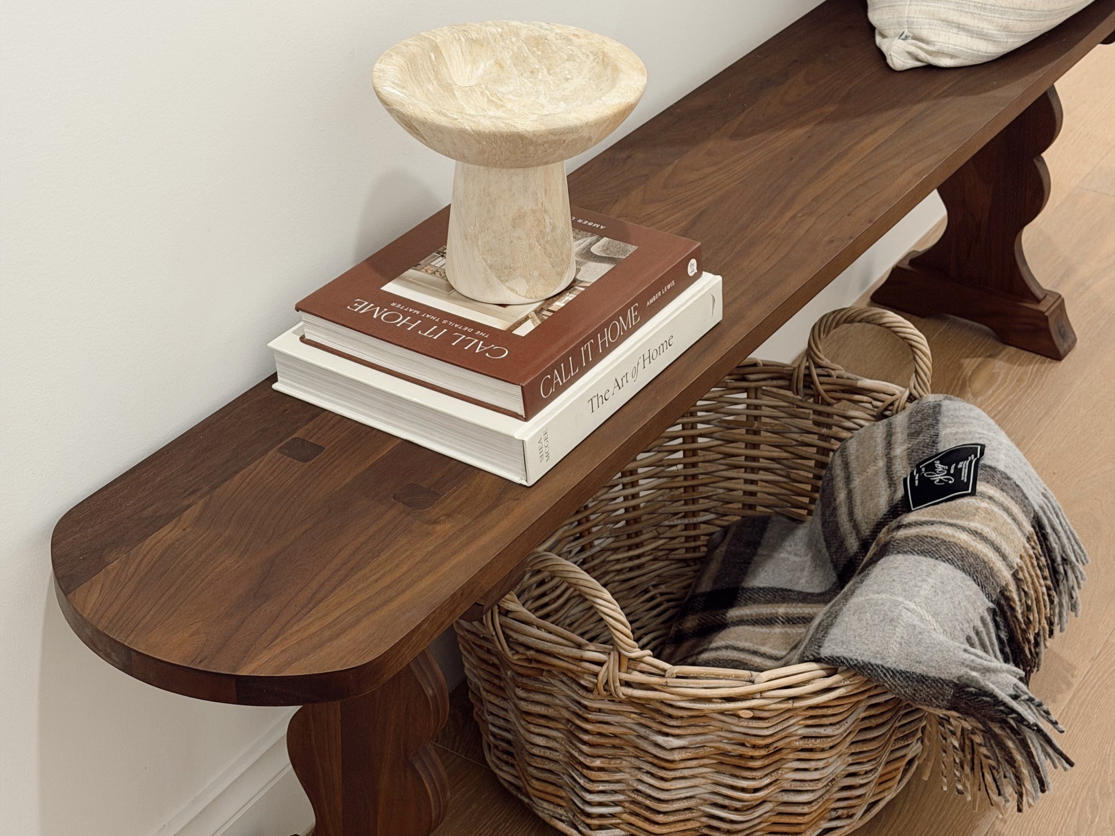 Rekindle Design Co French Bench placed at entryway of garage walkway as styled by mclean and co interiors
