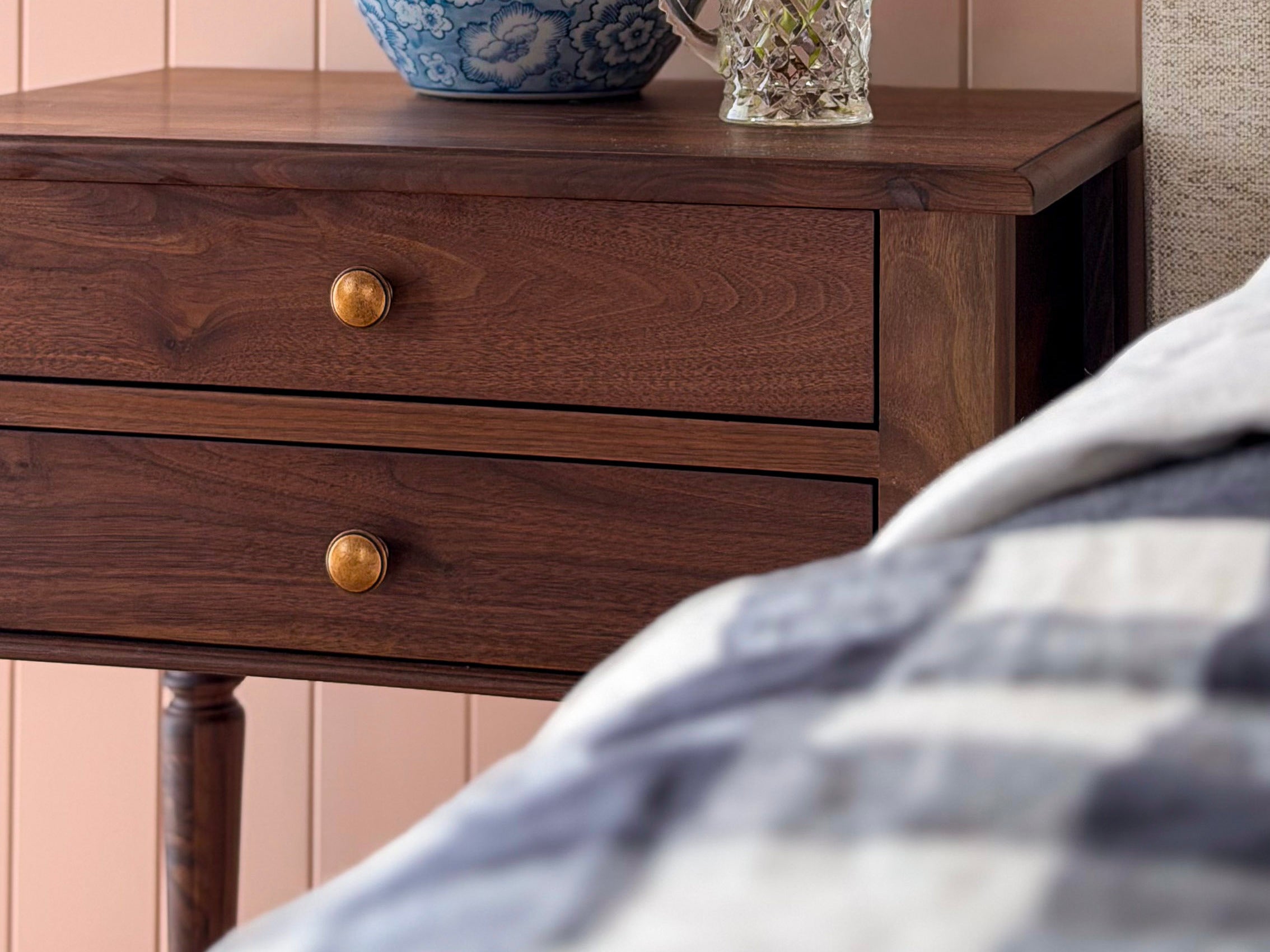 Walnut Chloe Bedside next to linen gingham doona cover as styled by hayley little