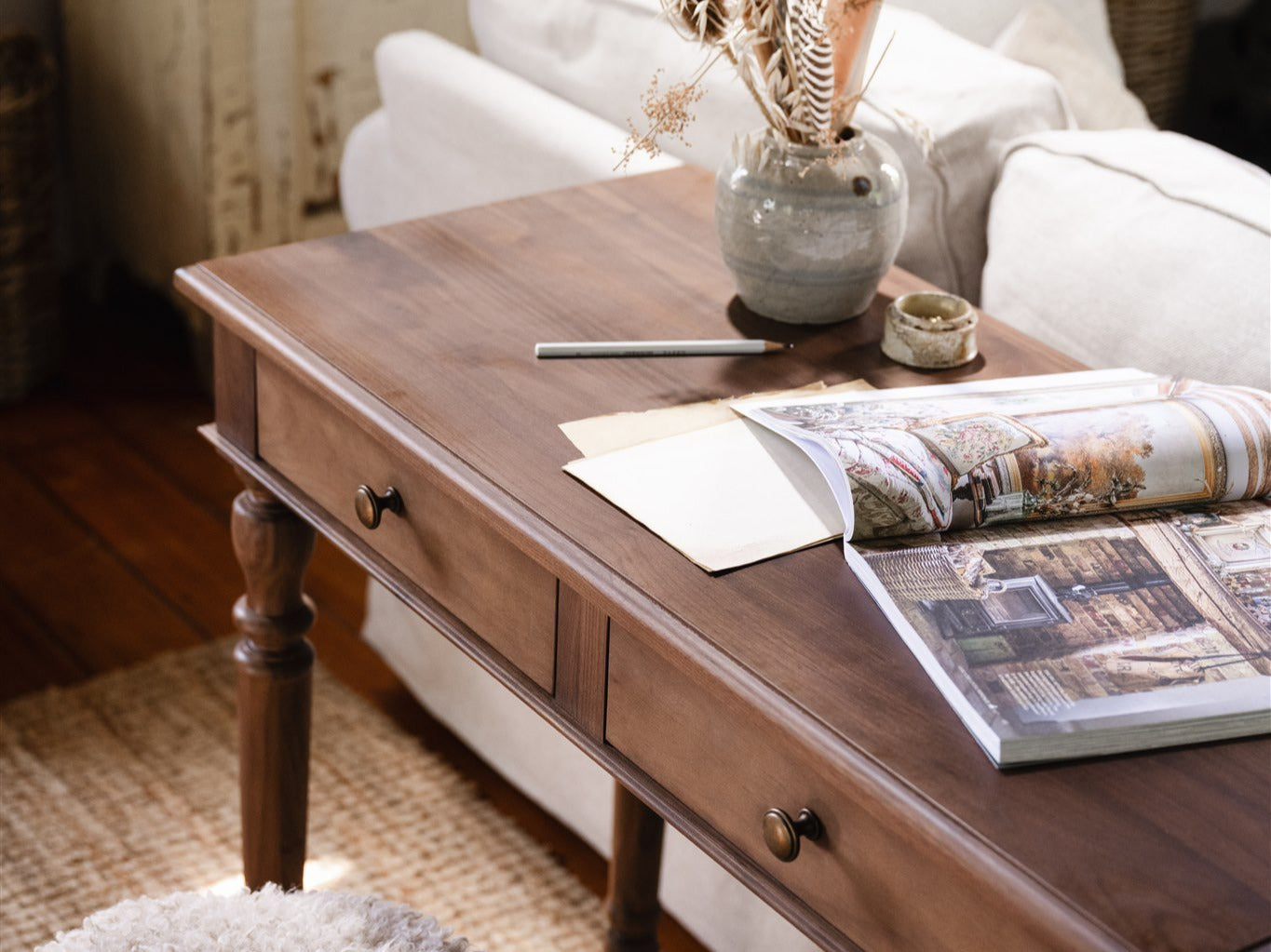 Chloe Console in Walnut. The perfect entryway statement piece or a petite desk. French inspired, solid timber. 